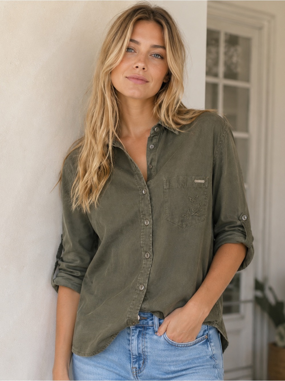 Simon Chang - Olive Green Linen Blend Button Down Shirt - Size Large